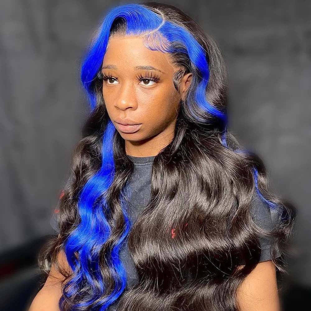 

Highlight 13x4 Lace Front Human Hair Wig Body Wave Brazilian Pre Plucked Ombre Blue With Black 13x6 Lace Frontal Wigs For Women