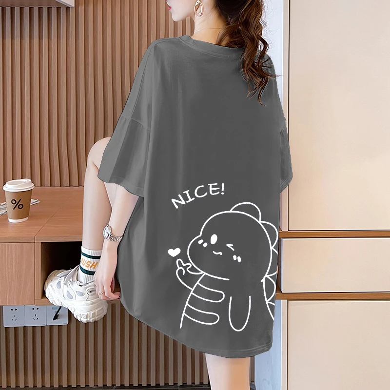 تي شيرت نسائي من القطن الخالص بأكمام قصيرة مقاس كبير صيفي متوسط ​​الطول فضفاض للتخسيس كلاين أزرق عصري ماركة علوية