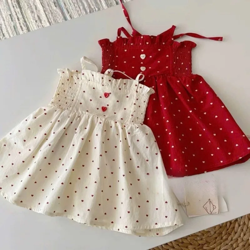 2026 Korean Style New Arrival Print Heart Dress for Girls Summer Baby Girl Cute Sweet and Fair Skinned