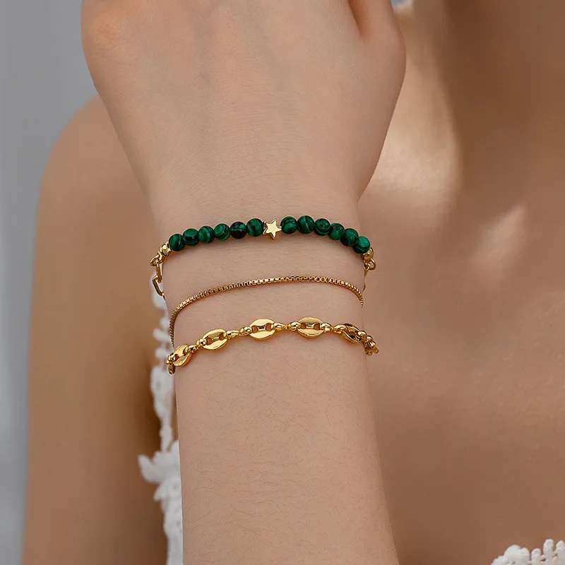 

3pcs/set New Bohemian Layered 3-Tier Beaded Handchain - 18K Gold Plated Copper Pig Nose Chain Bracelet For Women
