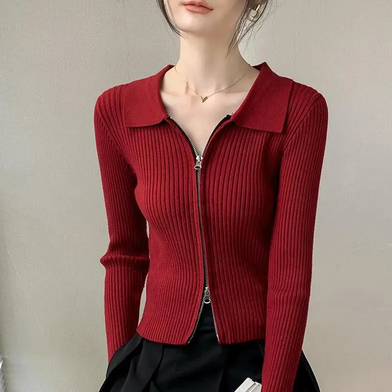 Vintage Red Sweatshirt Jacket Women's Early Fall Chic Double Head Zipper Polo Neck Knitted Cardigan Sweater Layering