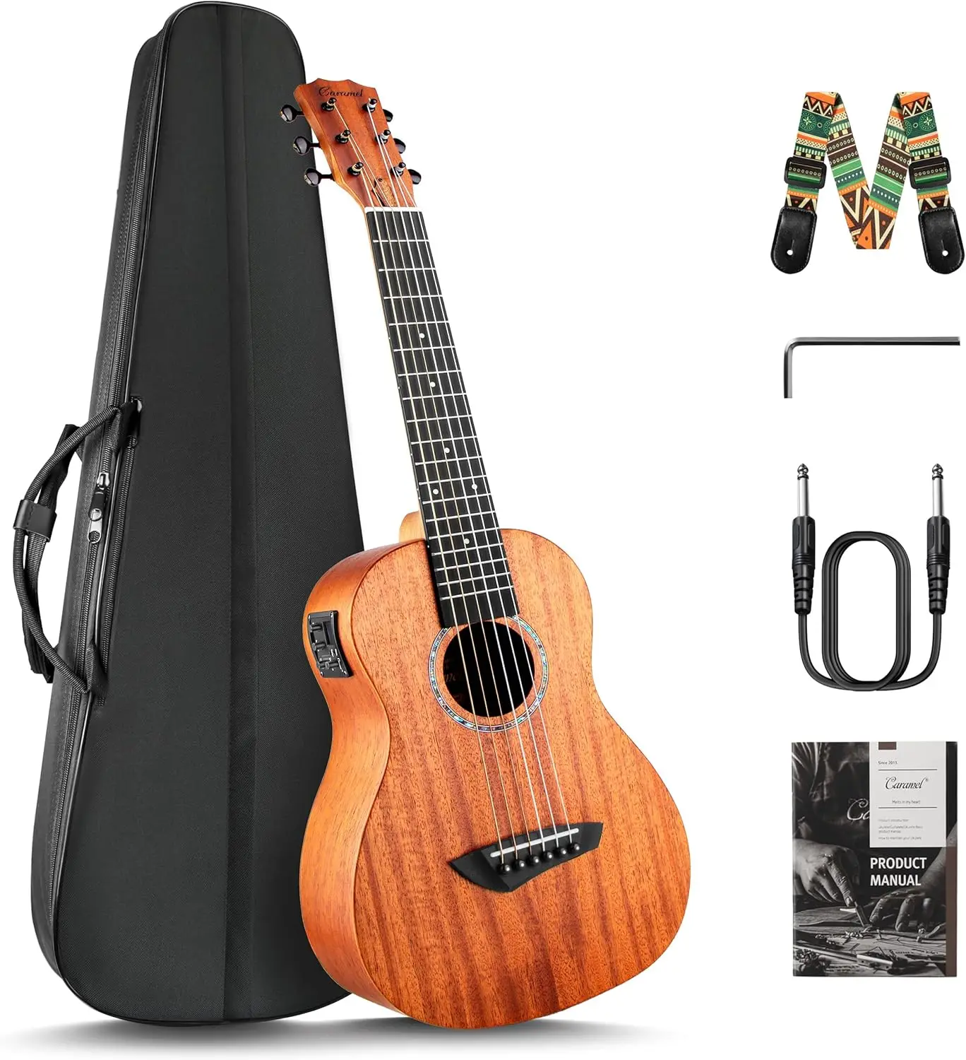 30-Inch All Solid Mahogany 6-String Electric Guitalele with Wooden LCD Color Display - Beginner Starter Pack Bundle: Gig Bag, Strap, and Strings Set for Small Hawaiian Ukulele Guitar Kit