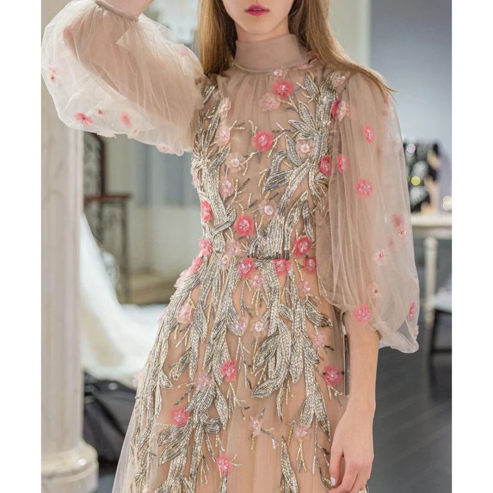 Prom Dresses Fashion High Neck Floral Print Evening Gowns Sparkly Elegant Sequined Appliques Flowers A-Line Party Dresses