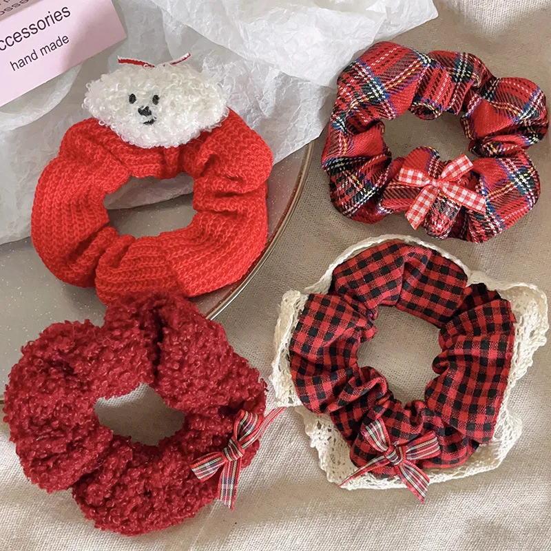 Vintage Red Plaid Elastic Hair Bands For Women Ponytail Holder Scrunchies Rubber Bands Christmas Hair Accessories Hair Rope Ties