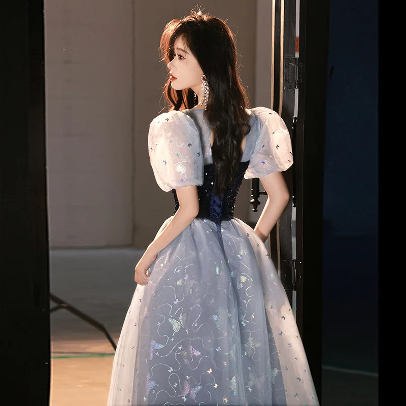 Bling azul vestido de noite brilhante borboleta lantejoulas mangas puff vestido de princesa doce contraste cor vestidos quinceanera 2025