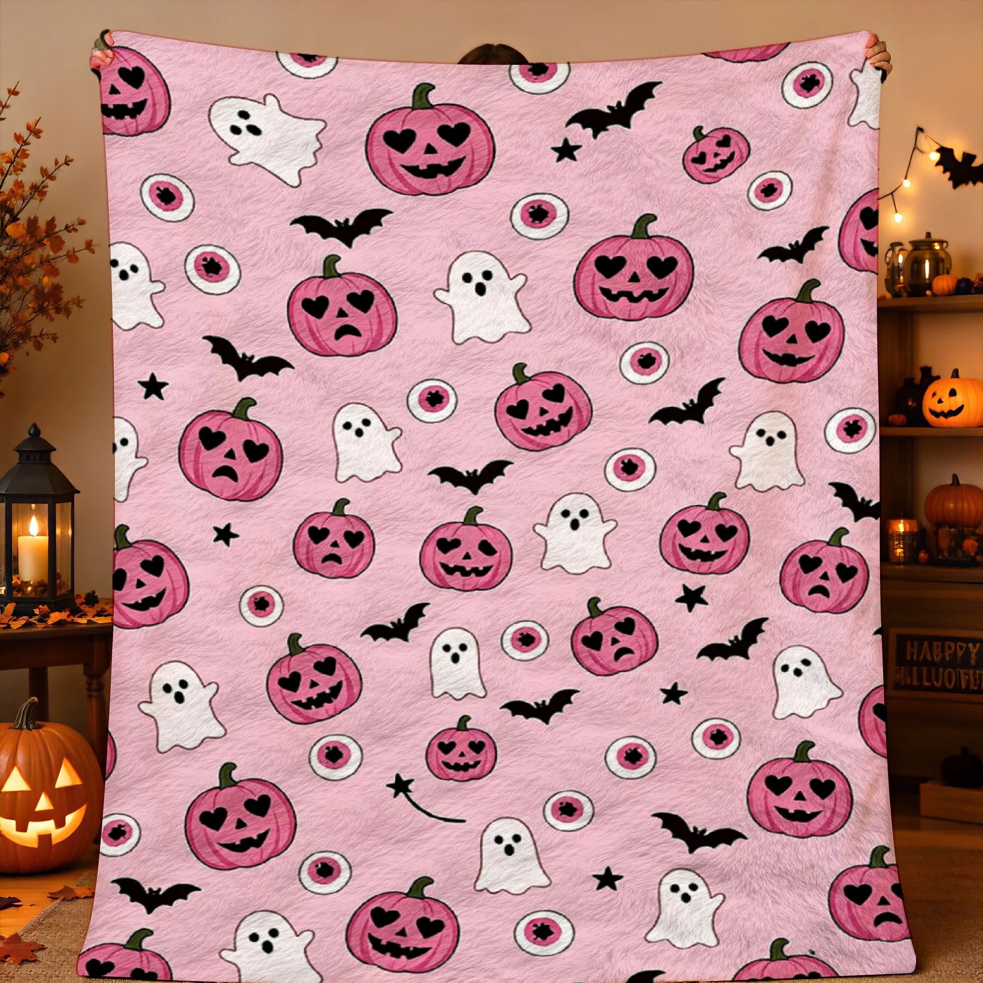 1pc 2D Printed Halloween Throw Blanket Light Pink Background with Pink Pumpkins Hearts White Ghosts Black Bats Eyeballs Soft War