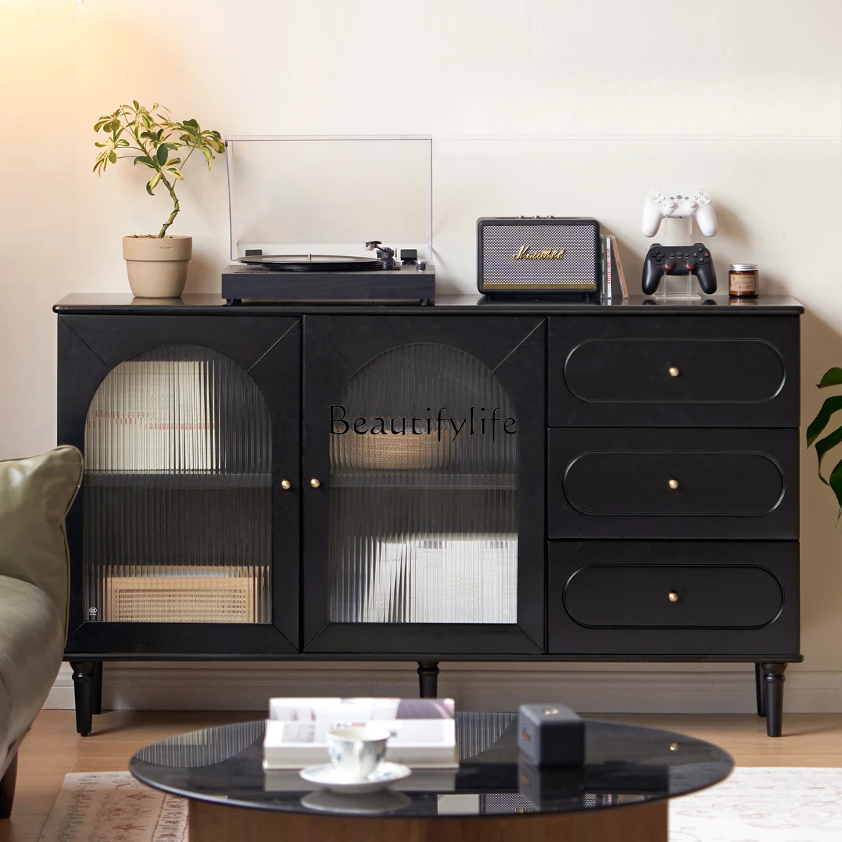 

Solid wood dining side cabinet integrated storage against the wall American retro black living room tea cabinet