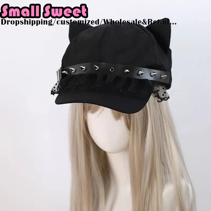 Ladies Ruffle Lace Cap Y2K Japanese Hat Women's Caps Punk Gothic Lolita Beret Hats Spike Cap for Girls Women's Summer Beret Hats