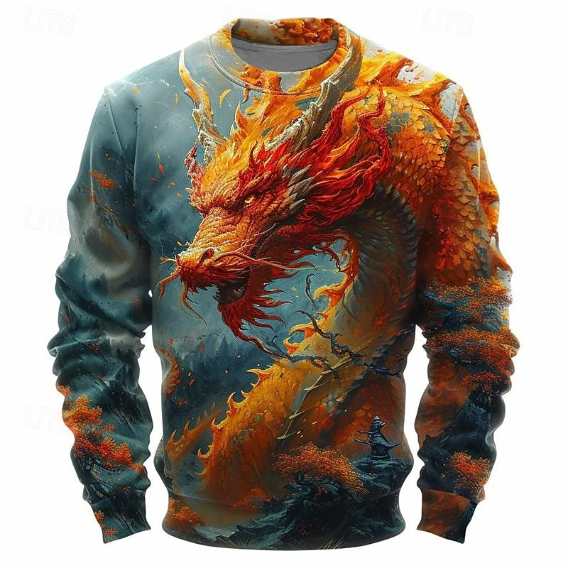 

Trend Dragon Graphic Sweatshirts For Men Fashion Spring Autumn Long Sleeve Casual 3D Printed Pullovers Loose Crew Neck Hoodies