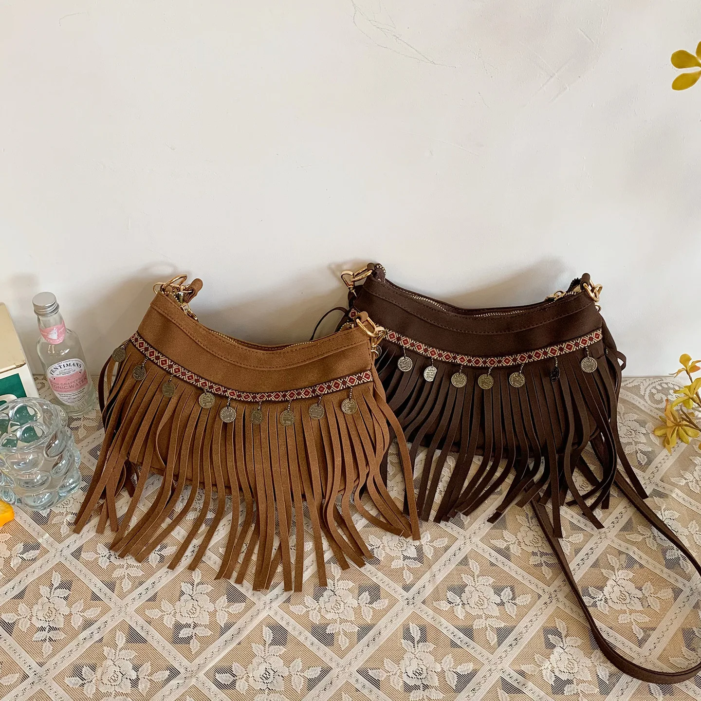 

Retro Bohemian Crossbody Bag Women Fashion Fringe Saddle Bag Suede Leather Shoulder Purse Small Casual Boho Handbag for Women