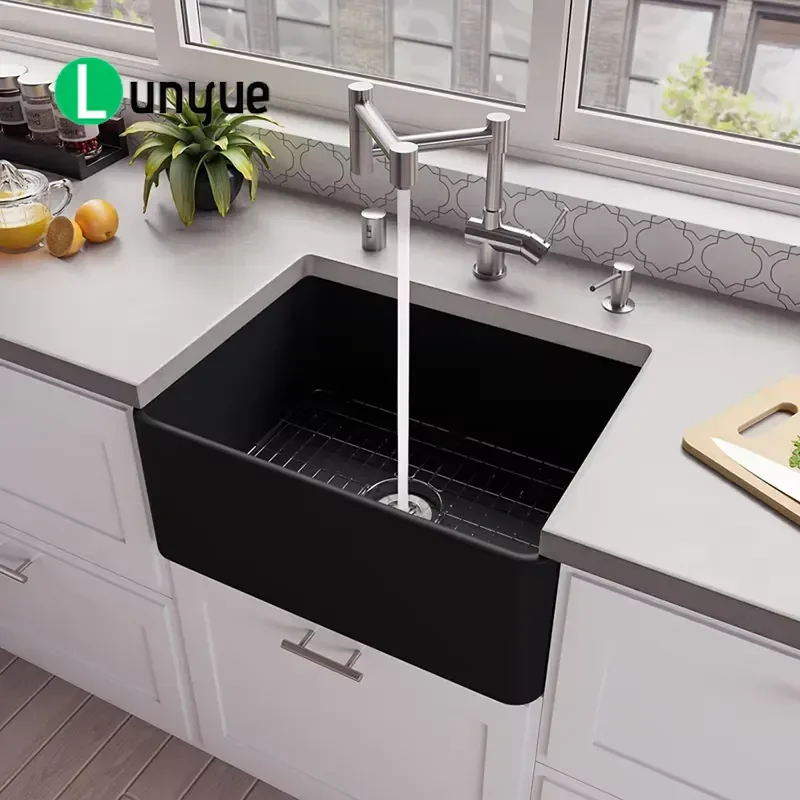 33 Inch Black Ceramic Farmhouse Sink 304 Stainless Steel Single Bowl with Faucet Rectangular Front Design for Kitchen