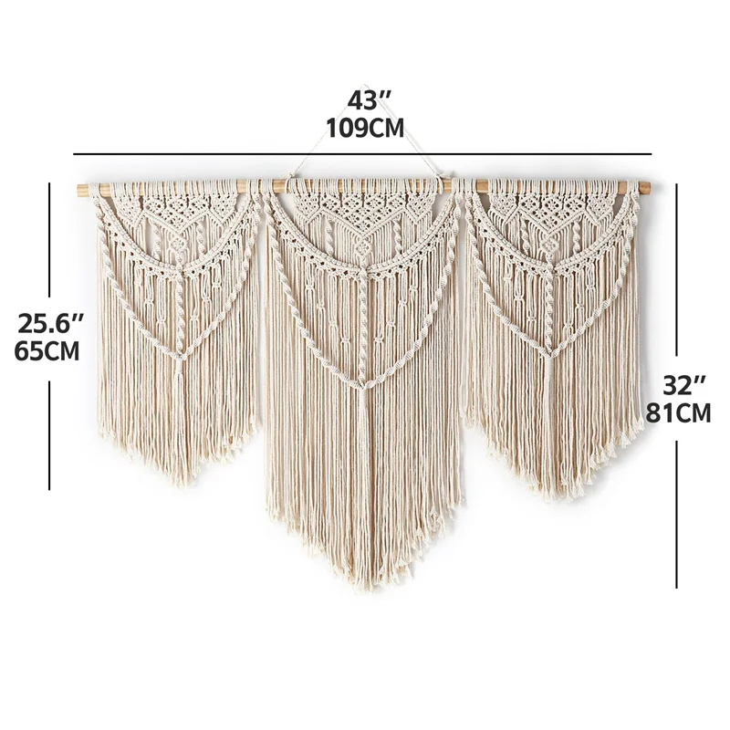 Large Macrame Wall Hanging Tapestry with Wooden Stick Hand-Woven Bohemia Tassel Curtain Tapestry Wedding Backgrou Boho Decor
