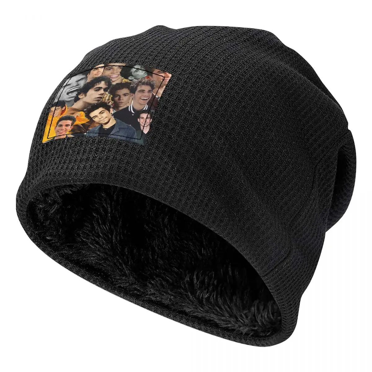 Cameron Boyce Collage Design 2019 Waffle Knit Fleece Lined Beanie with PU Leather Patch Unisex Warm Winter Soft Cap