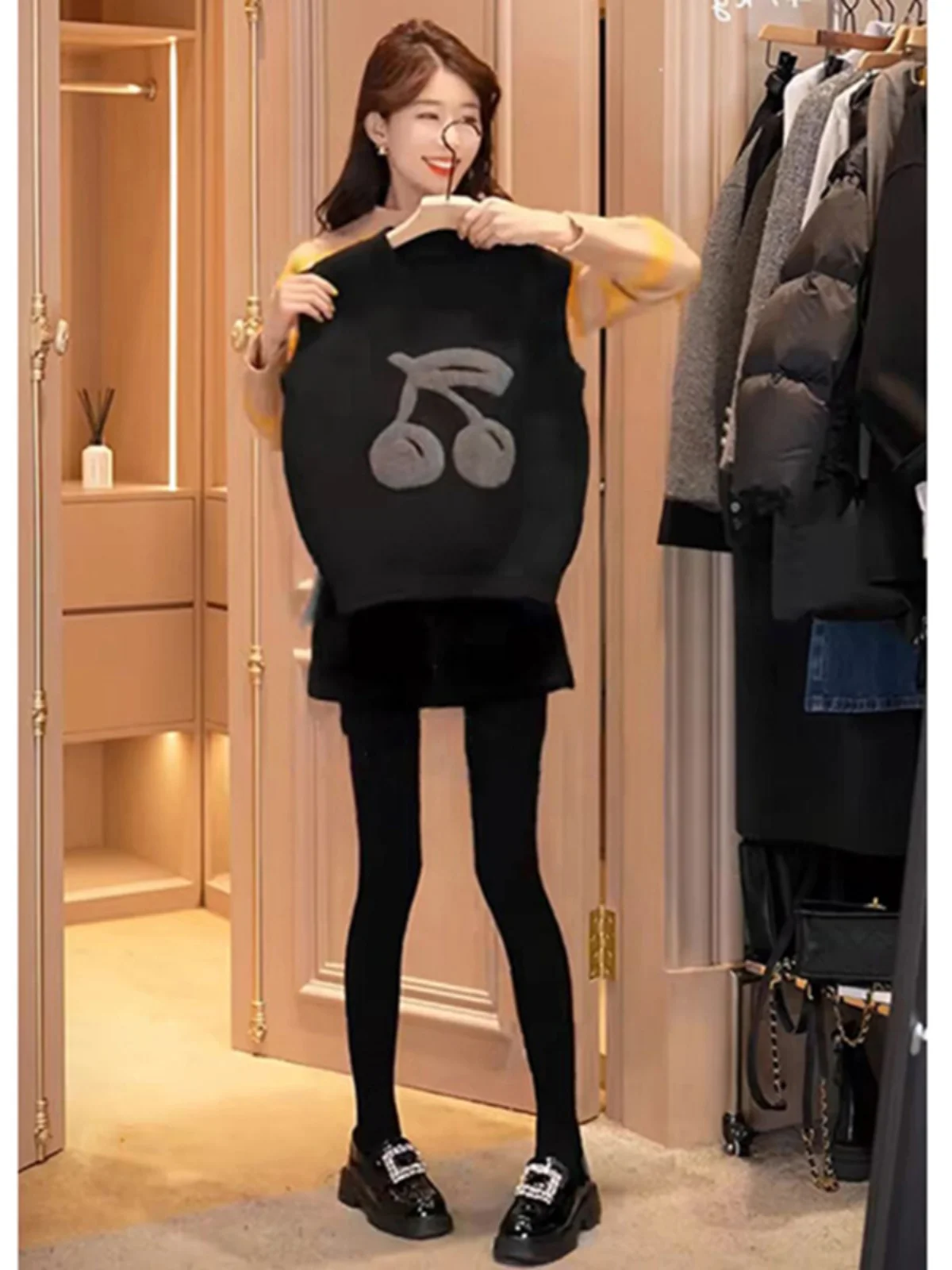 

Korean Sle Cherry Spliced round Ne Svel Sweater Women's ature Loose Outerwear Knitted Vest Trendy Commute Sle