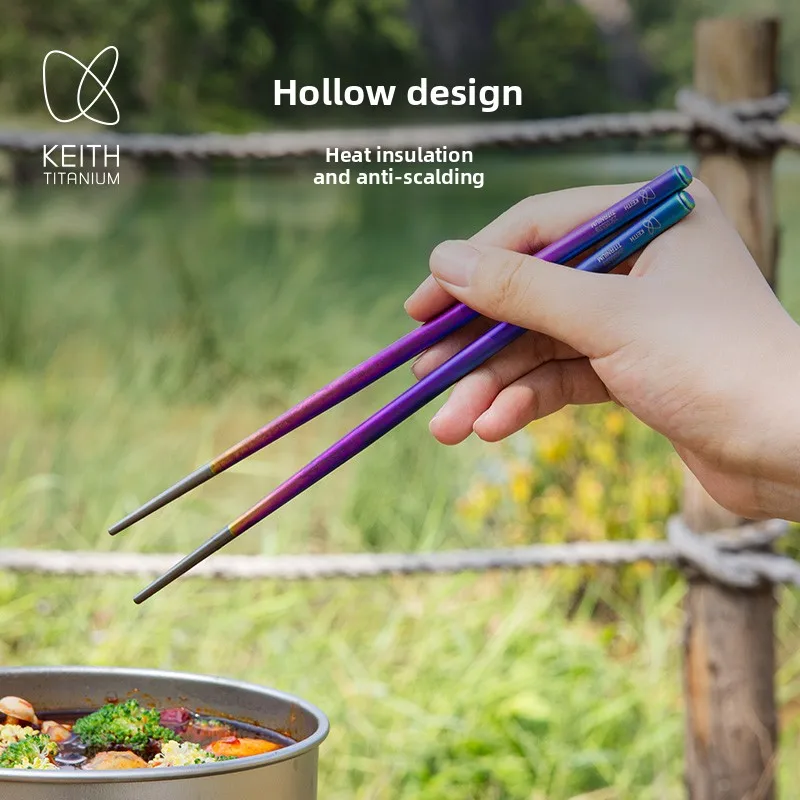 Keith Pure Titanium Chopsticks 23.5cm Hollow & Featherlight (14.5g) Iridescent Color Camping & Travel Utensils