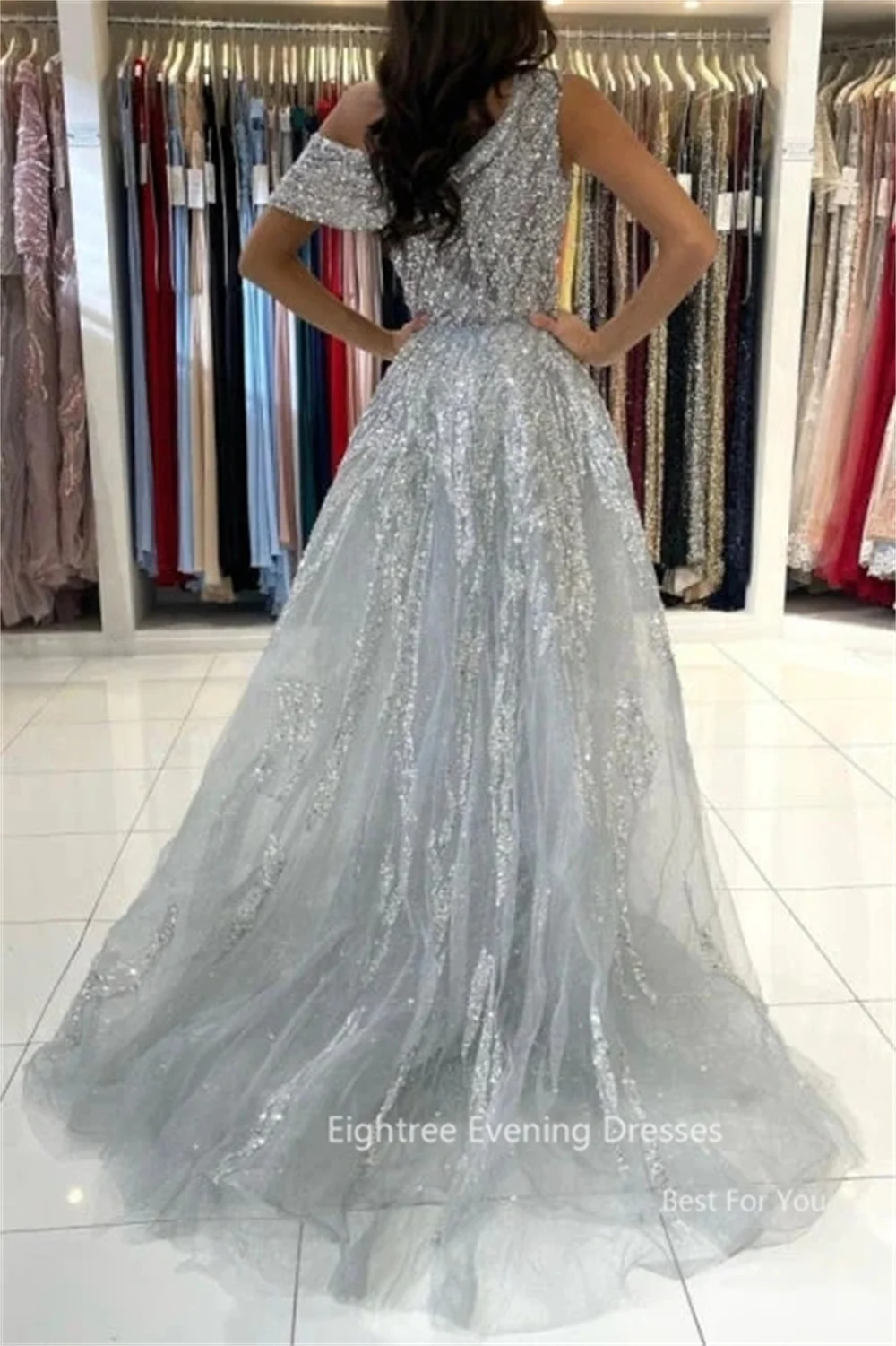 Eightree Sparkly Siliver Prom Dresses Exquisite Arabic Women Party Dress Sequined Long Dubai One Shoulder Luxury Evening Gowns