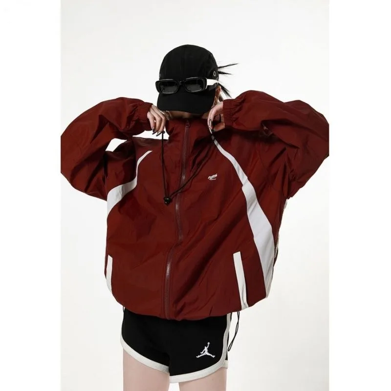 Deeptown Summer Red Jacket Women Vintage Oversized Hiphop Windbreakers Hooded Sunscreen Thin Jackets Japanese 2000s Style Y2k