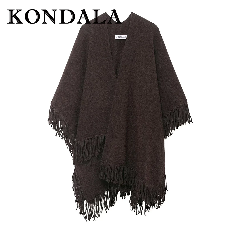 

KONDALA Chic Tassel Brown Elegant Vintage Winter Knit Cloak Fashion 2025 Streetwear Night Party Autumn Oversized Female Cardigan