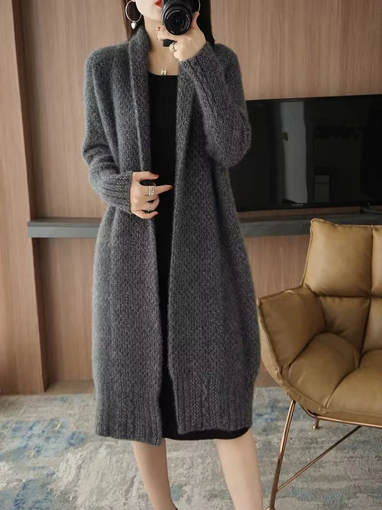 New Women Elegant Knit Cardigan Long Sleeve Mid-length Coats Oversized Korean Loose Tops Jacket Autumn Winter Thick Sweater