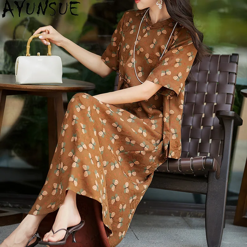AYUNSUE Xiangyunsha Silk Women's Matching Sets New Chinese Style Summer Outfit Woman Short Sleeve Top Long Skirt Woman Clothes