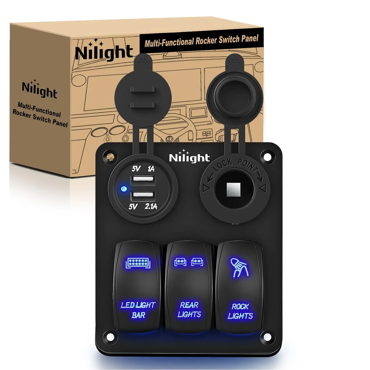 Nilight ３ Gang Rocker Switch Panel with USB Charger and Cigarette Lighter 12V 24V Toggle LED Light Bar Rear Lights Rock Switches for Cars Rvs Trucks