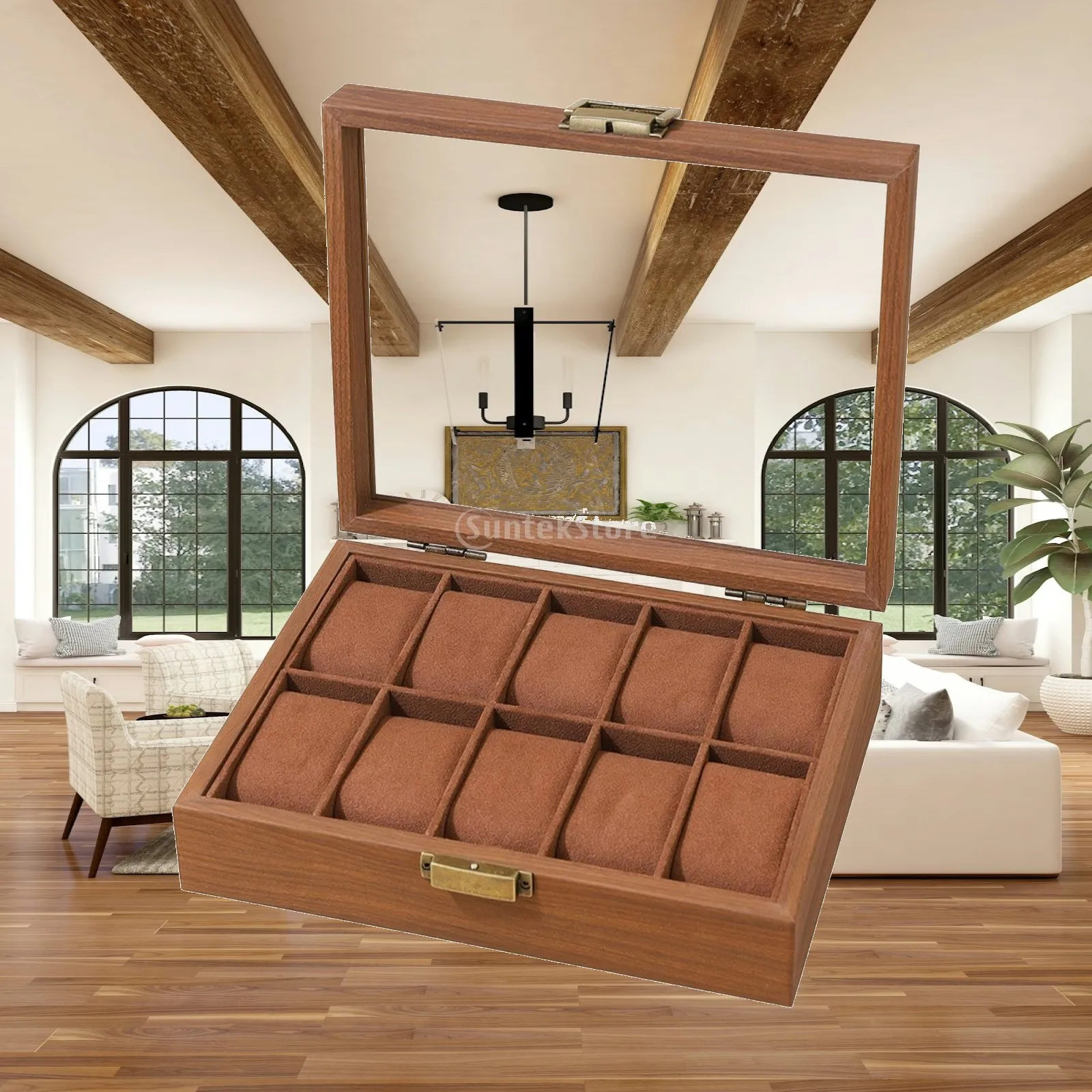 Watch Display Box with Cushioned Compartments Stylish Watch Box with Glass Window Sturdy Sleek for Dresser, Closet