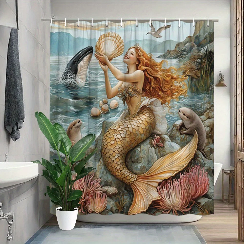 

Vintage Oil Painting Golden Mermaid Whale Otter Seaside Coral Reef Print Shower Curtain Waterproof Mildew Resistant Polyester Fa