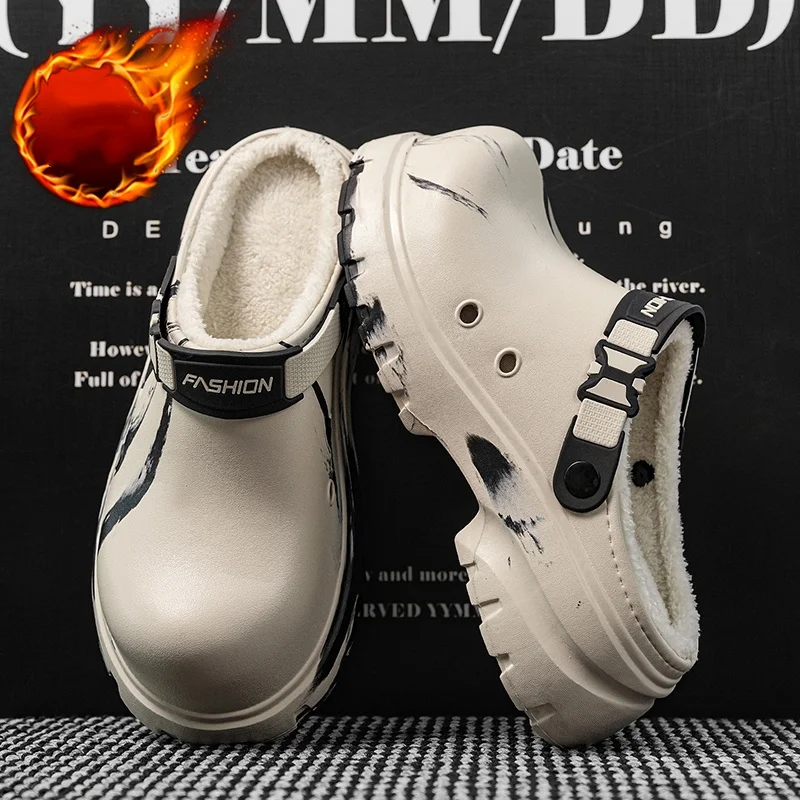 Autumn and Winter Thickened Plush Closed-Toe Cotton Slippers for Couples, Featuring Unique Ink Print, Eva Outer Shell, Wear-Resistant