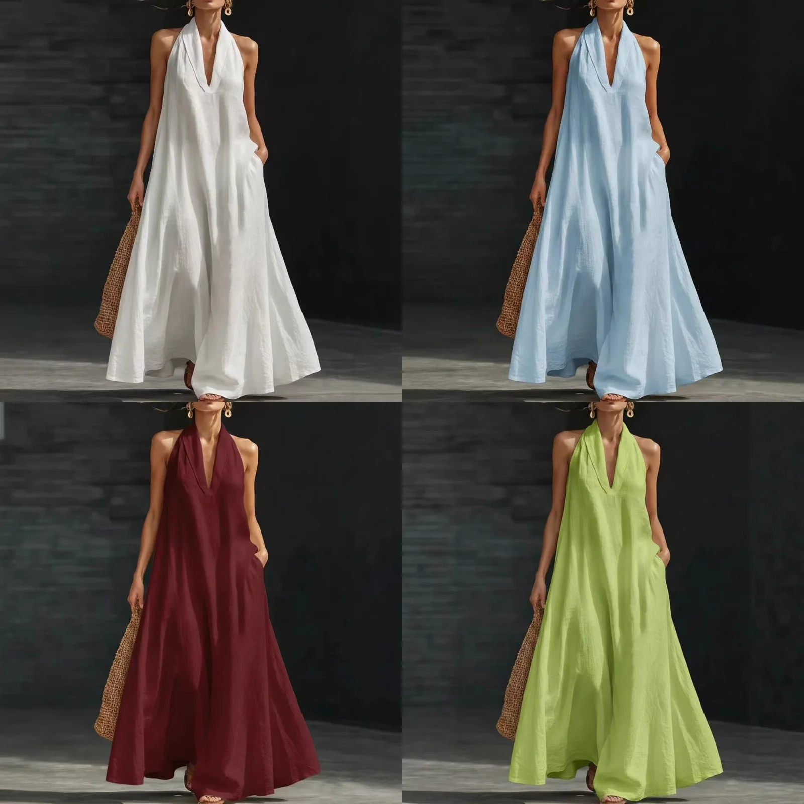 

Spring Summer V Neck Sleeveless Loose Long Dress Beach Maxi Dresses Women Casual Holiday Floral Printed