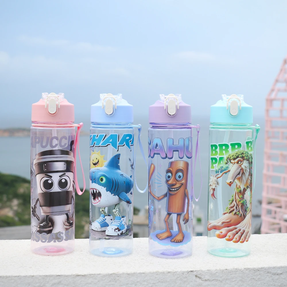 23oz Cute Cartoon Plastic Water Bottle with Lid And Straw Portable Carrying Rope Ideal for Holiday Outings School Outdoor Activi