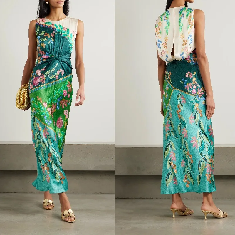 Elegantes Y2K ärmelloses O-Ausschnitt Blumendruck figurbetontes Urlaubs-langes Kleid Sommer Damen Satin Twist Taille Bohemian-Kleid