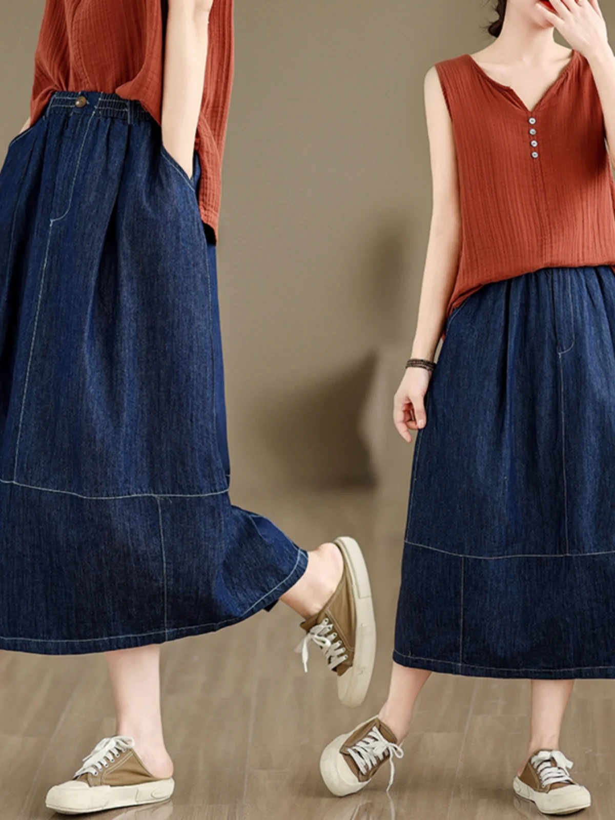 Women Summer Elastic Waisted Denim Skirt Fashion Split Versatile A-line Midi Skirt Solid Simple Blue Loose High Waist Skirt