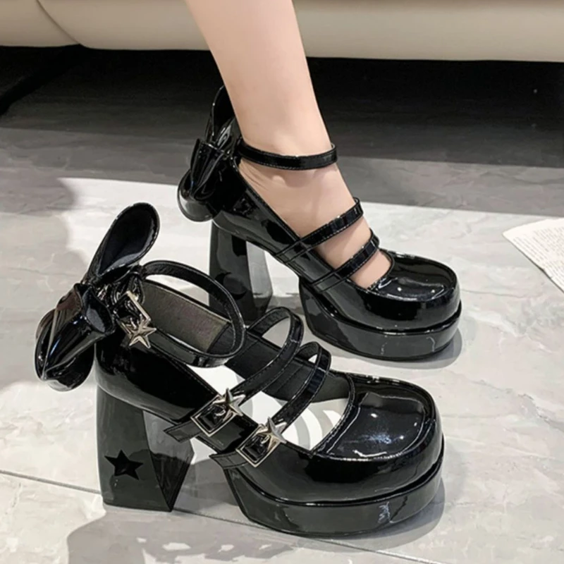 Women\'s High Heels 2024 Spring Punk Chunky Heel Mary Jane Shoes Patent Leather Cosplay Shoe Bow Tie Lolita Shoes Zapatos Mujer