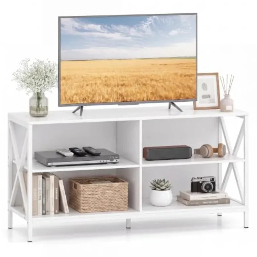 TV Stand for TVs up to 55 Inch, Farmhouse Entertainment Center in White Wood with 4 Open Shelves, Built-in Cable Holes X-Shaped