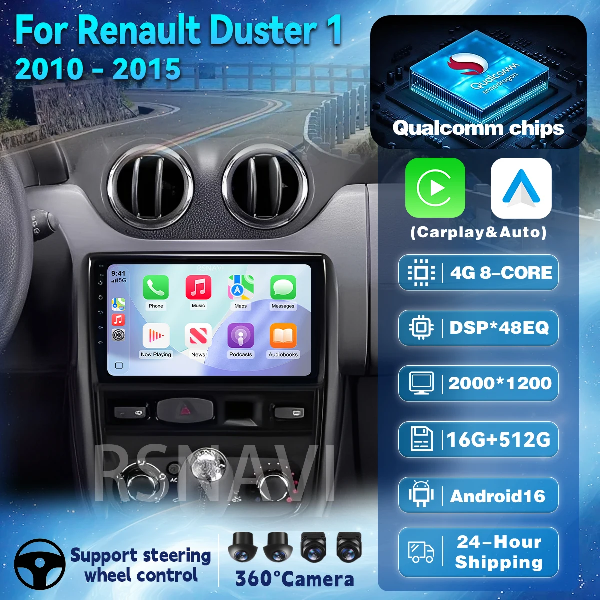 Android 16 Carplay Auto Car Radio For Renault Duster 2010 2011 - 2015 Multimedia 2K Screen Player Stereo Head Unit BT Snapdragon