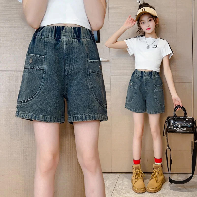 Elegant Kids Children Vintage Denim Shorts with Pockets for Teens Girls New Summer Casual Mini Jeans Pants Age 5 7 9 11 13 14 Y