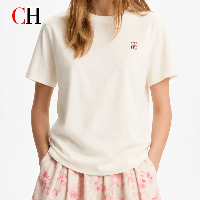 CH Women's Off White T-Shirt Crew Neck Short Sleeve Soft Cotton Tee Red Logo Casual Summer Daily Top