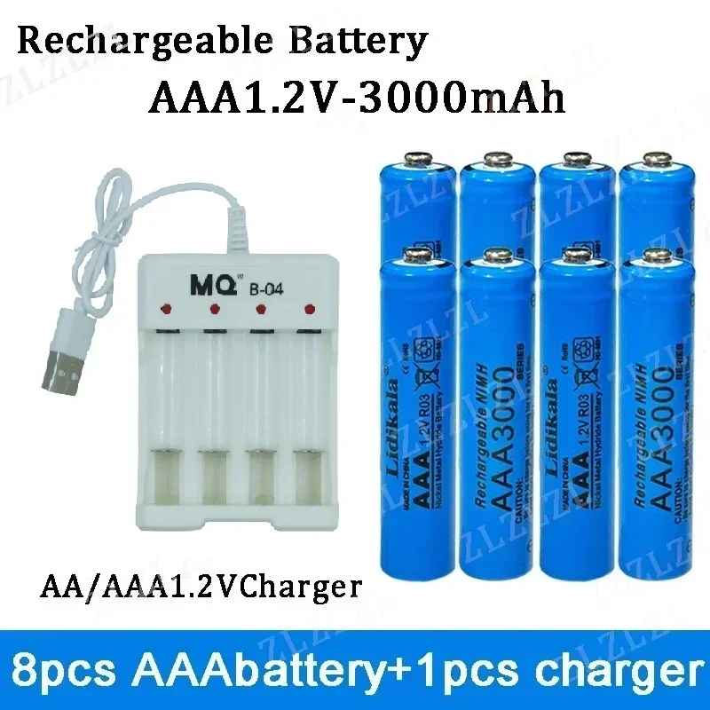 NEW High Quality 1.2V Rechargeable Battery, AAA3000 Battery+USBcharger, Alkaline Technology, for Remote Control, Toys/computer