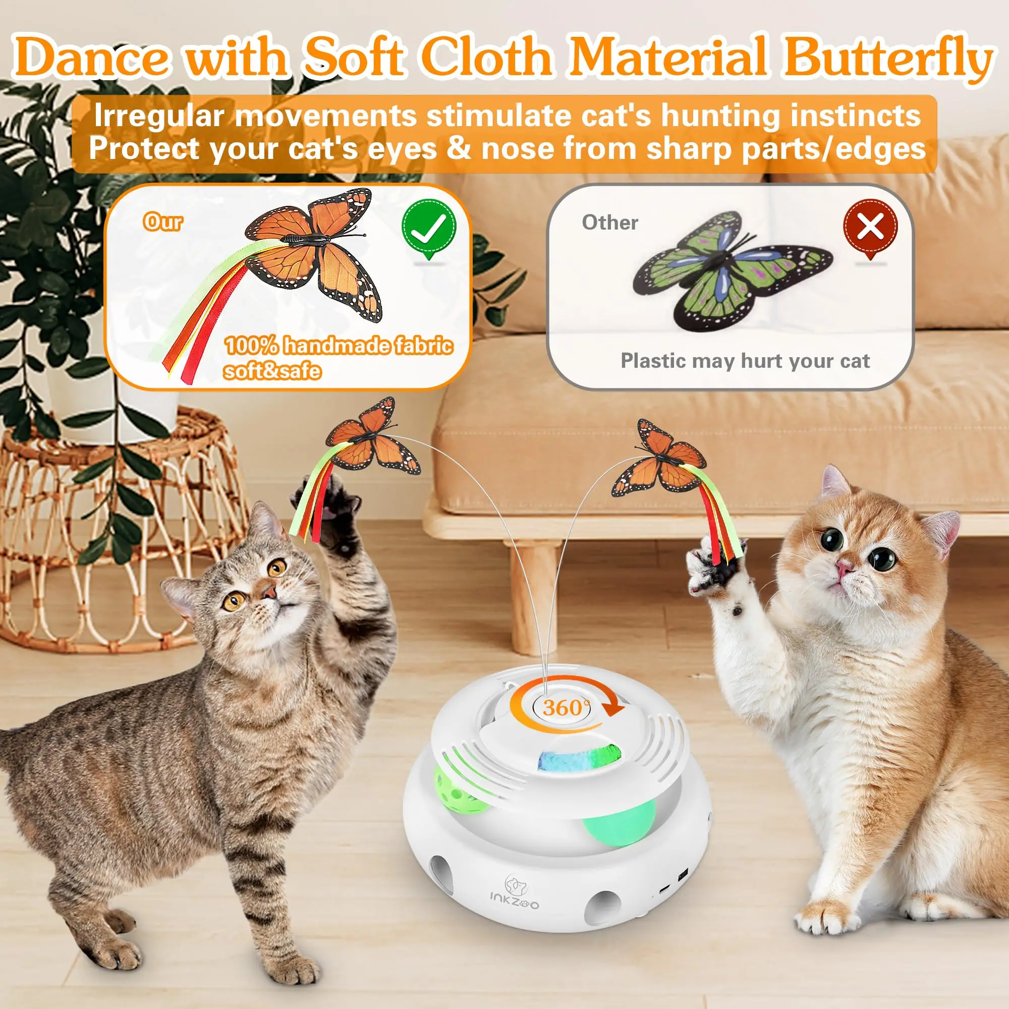 4-in-1 Interactive Cat Toys for Indoor , Automatic 6 Holes Mice Whack-A-Mole, Fluttering Butterfly, Track Balls,USB Rechargeable