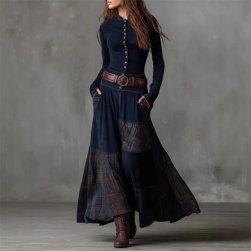 

2026 Retro Patchwork Applique Wide-Leg Loose Regular Waist Elastic Straight Long-Sleeve Long Dress