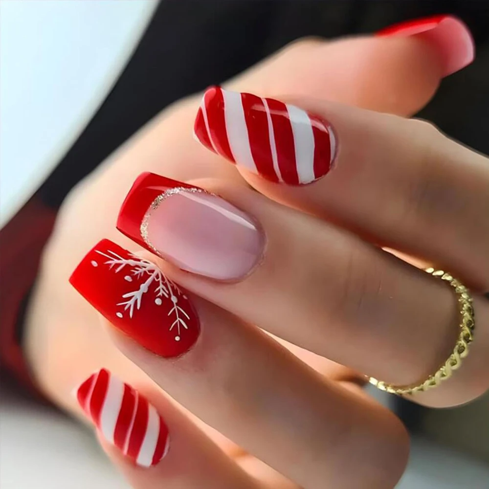 24pcs Red French Glitter Snowflake Fake Nails For Christmas 3D Red White Lines Design Press On Nails Short Coffin For Women Deco