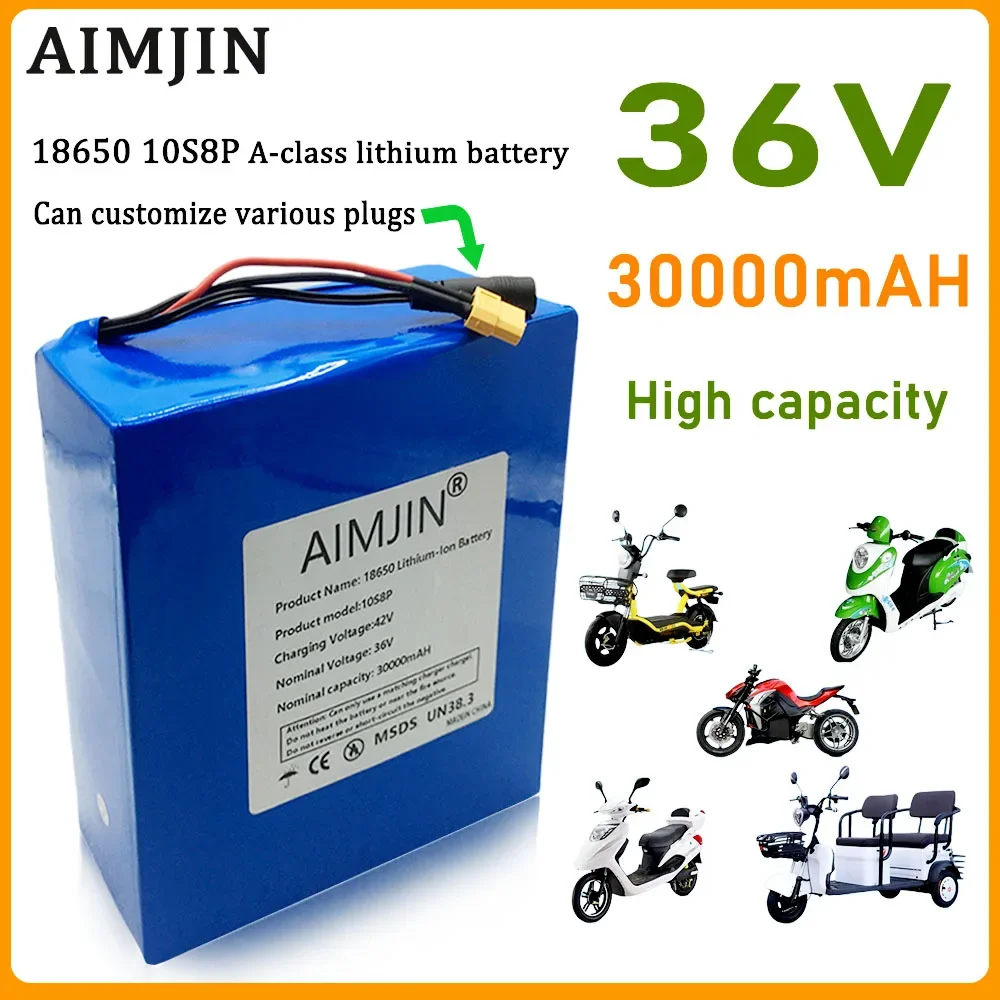 18650 10S8P New 36V 30Ah A-class lithium battery pack, 1500W high-power built-in BMS, suitable for various energy storage backup