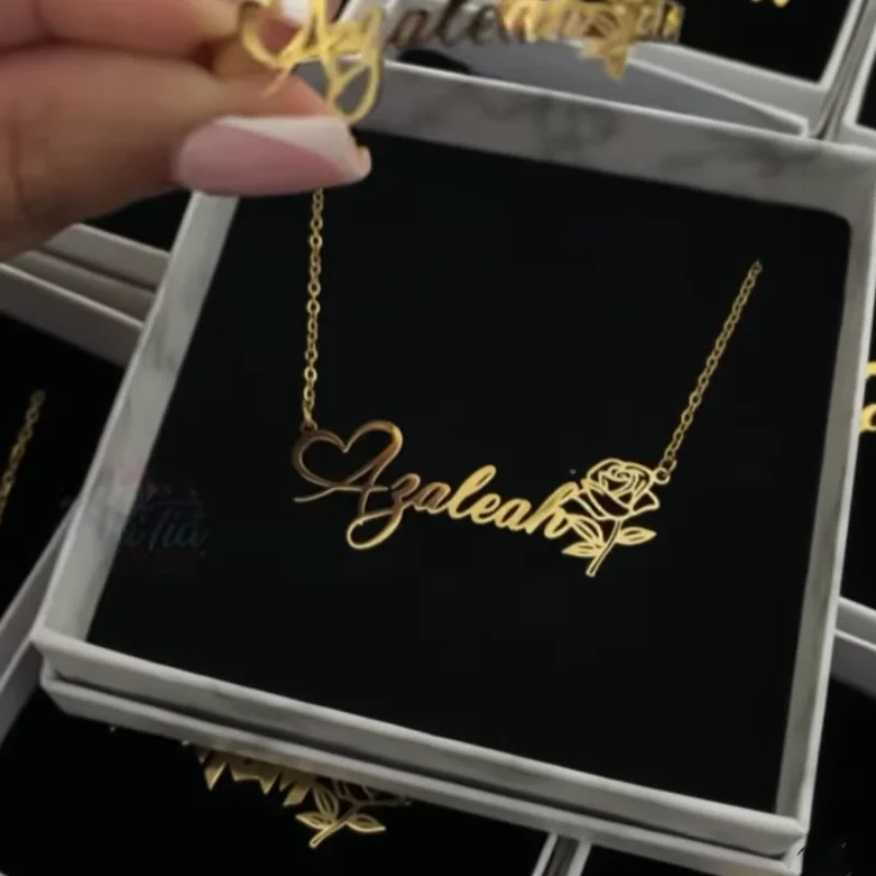 Custom Rose Flower Name Necklace Women Girl Jewelry Stainless Steel Gold Color Personalized Nameplate Pendant Necklace BFF Gift