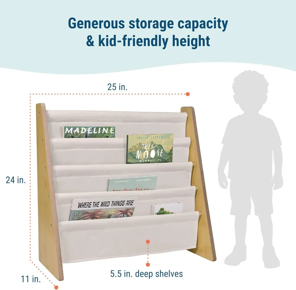 Kids Wooden Sling Bookshelf with 4 Canvas Shelves - Compact Organizer for Bedroom or Classroom
