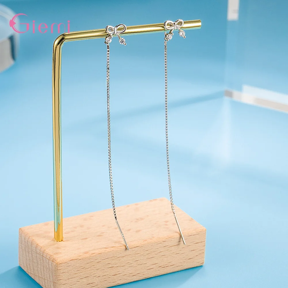 Bowknot نمط الأقراط شرابة طويلة حقيقية 925 فضة انخفاض الأقراط هدية للنساء المجوهرات الأصلية الجميلة