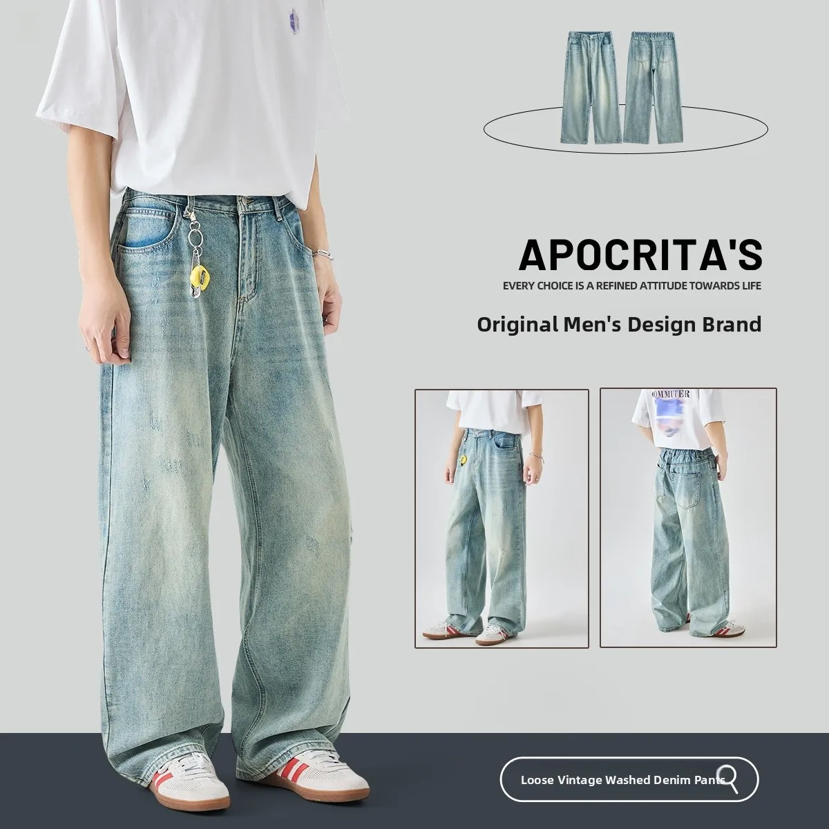 

Waed American Sle Hole Punching Straight Leg Jeans Trendy Loose Fit Long Pants Casual Straight Fit Denim Jeans