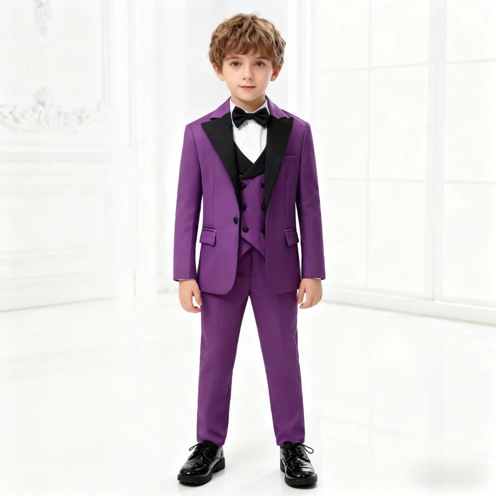 Elegant Purple Boy's 4-Piece Suit Set Tuxedo Blazer Vest Pants Formal Outfit For Wedding Kids Photo Shot Party Ceremony