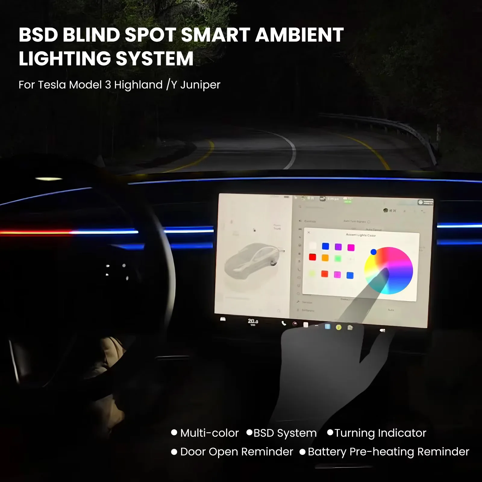 

2-in 1 Smart Air Vent Ambient Light System Blind Spot Monitoring BSD System for Tesla Y Juniper Model 3 Highland Warning Lamp