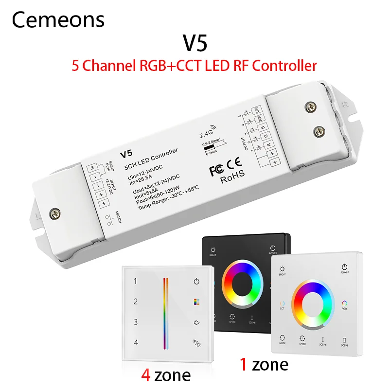 RGB CCT LED Controller V5 DC 12-48V 2.4G RF Smart Life 5 in 1 Single Color RGBW RGB CCT Strip Light LED Wireless Remote Control