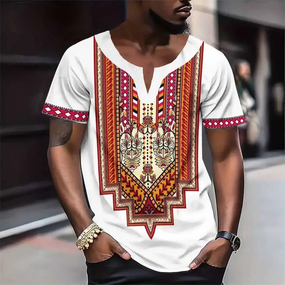 Fashion Men\'S T Shirt V-Neck Oversize Traditional Dashiki Men\'S Clothing Summer African Festival Enssential Men Tops T-Shirt